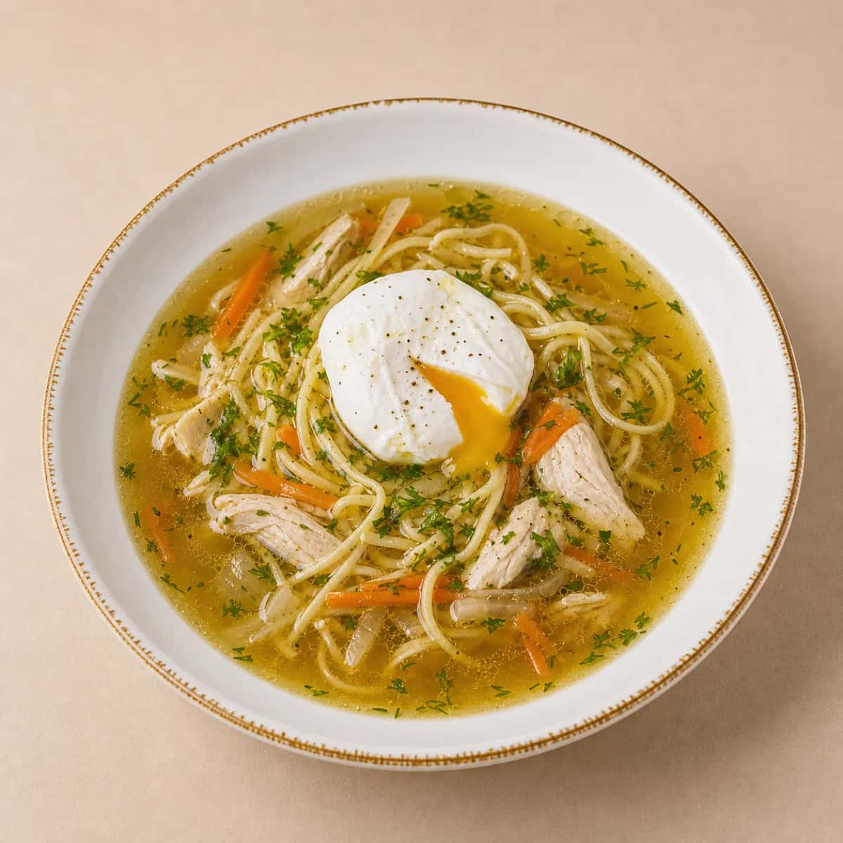Лапша куриная с яйцом пашот