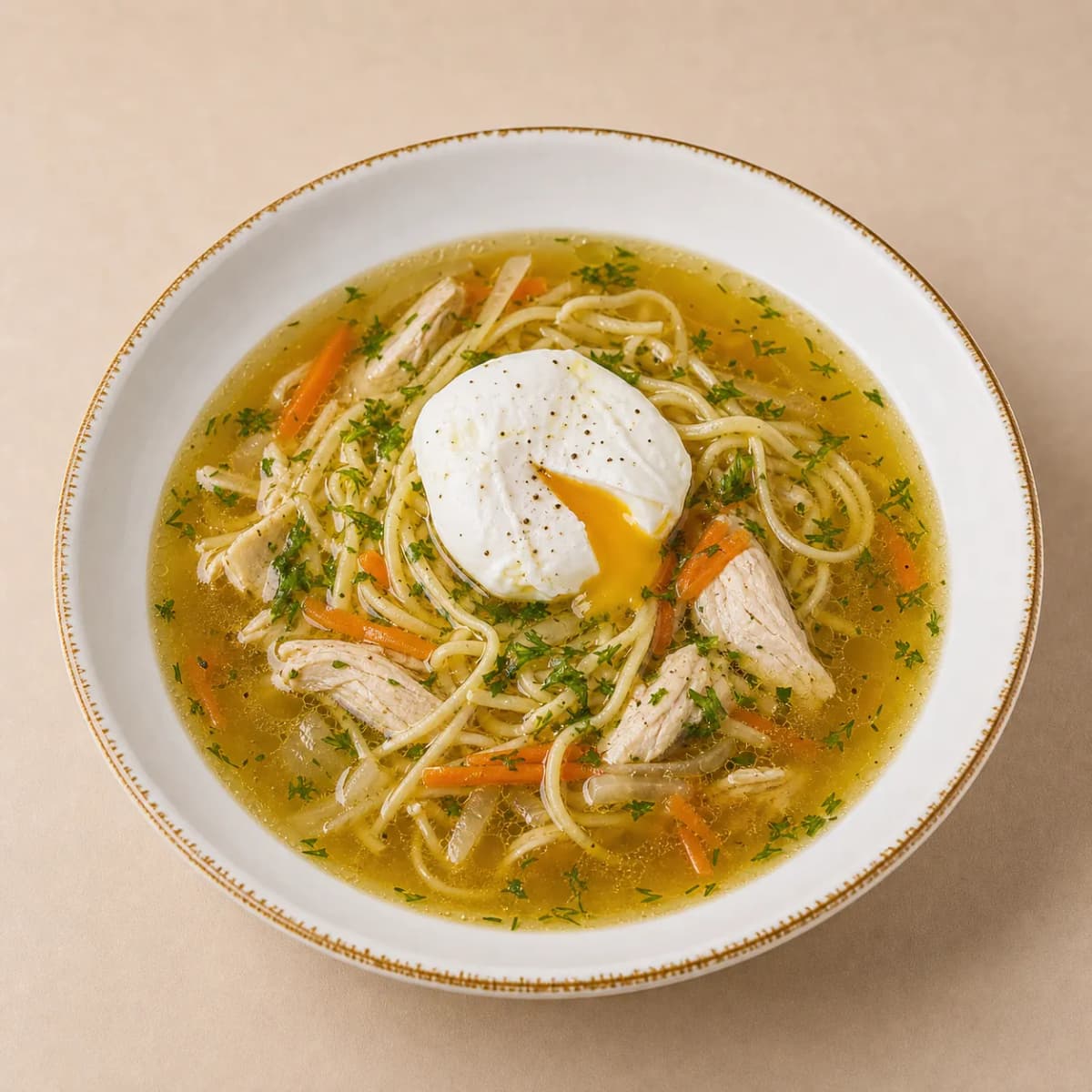Лапша куриная с яйцом пашот