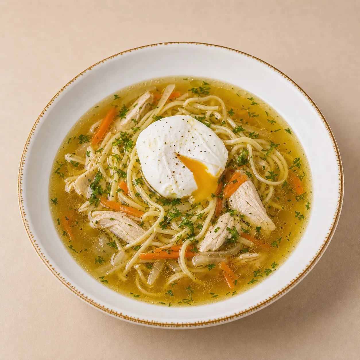 Лапша куриная с яйцом пашот